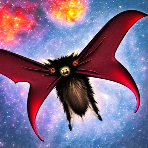 Image similar to huge demonic moth bat hyrbrid, flying into the midnight sun, in the shade of the cosmic nebula sun in the backdrop, photo pic by wispy in horrors