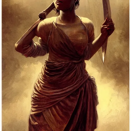 Image similar to artstation concept of a beautiful girl holding a sword in both hands, brown skin, sweaty skin, symmetrical face, casual white garment, brown canyon background, shiny colorful, hyperdetailed, artstation trending, world renowned artists, worth1000.com, historic artworks society, antique renewel, cgsociety, by greg rutkowski, by Gustave Dore, Deviantart