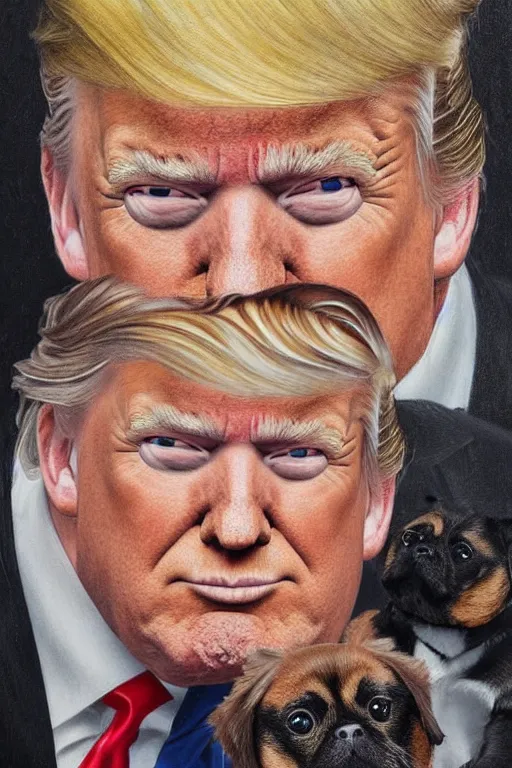 Prompt: photorealistic portrait photograph of donald trump with a black pugalier, handsome, depth of field, soft focus, highly detailed, intricate, realistic, national geographic cover, soft glow, textured, artstation, concept art, sharp focus, illustration, art by artgerm and greg rutkowski and alphonse mucha