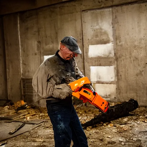 Image similar to putin with a chainsaw. in a concrete bunker with a pile of corpses. focus on putins face with blood splatters. canon eos r 3, f / 1. 4, iso 1 6 0 0, 1 / 8 0 s, 8 k, raw, grainy