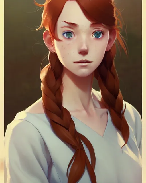 Image similar to young southern woman, freckle, ginger hair, sad cerulean eyes, simple cream dress, detailed perfect face, mid view, by artgerm, by studio muti, greg rutkowski makoto shinkai takashi takeuchi studio ghibli