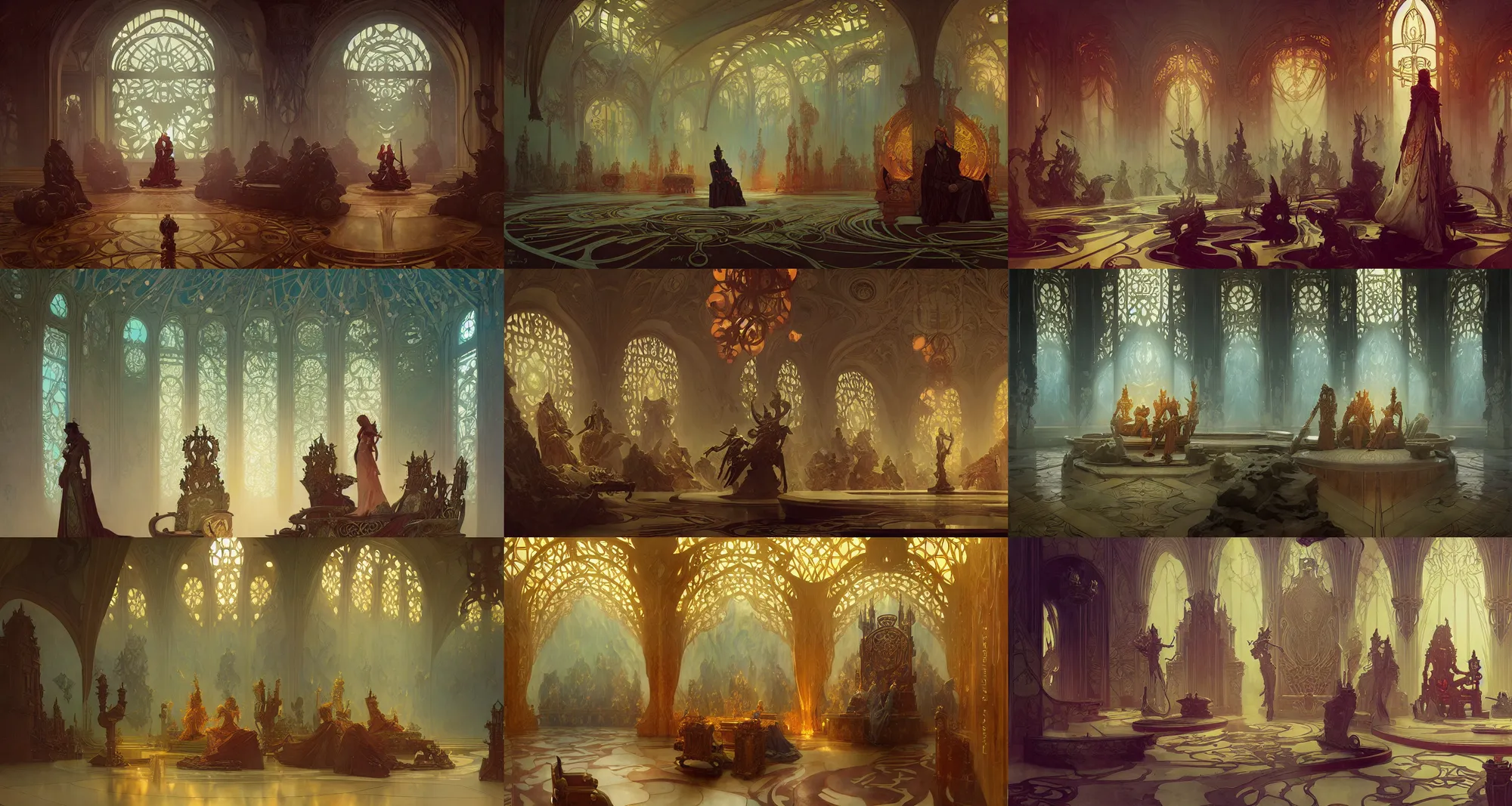 Prompt: throne room, art nouveau, fantasy, art by joseph leyendecker, peter mohrbacher, ivan aivazovsky, ruan jia, reza afshar, marc simonetti, alphonse mucha