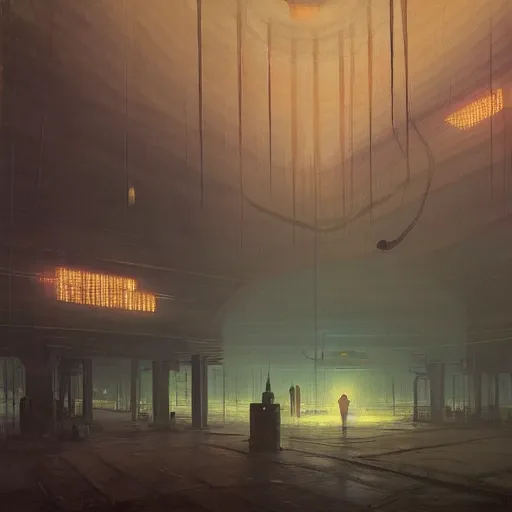 Image similar to detailed painting of a retroscifi interior in 1 9 4 0, volumetrics lights, beam of bright lights through the fog, simon stalenhag, andreas achenbach