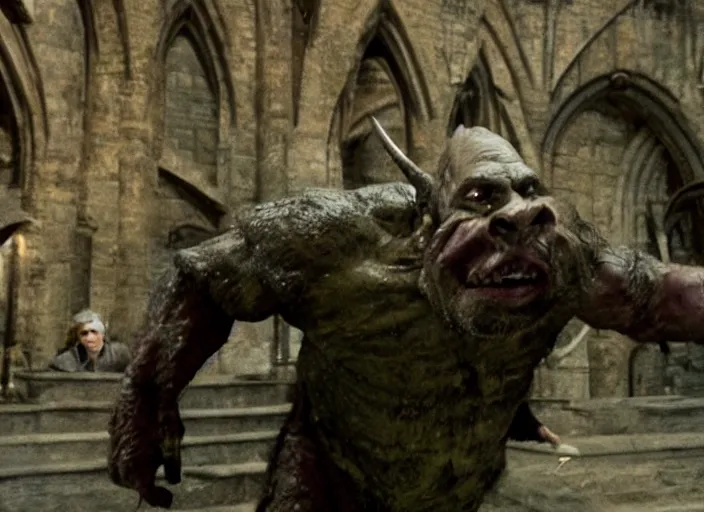 Prompt: a film still of a lazy orc in harry potter