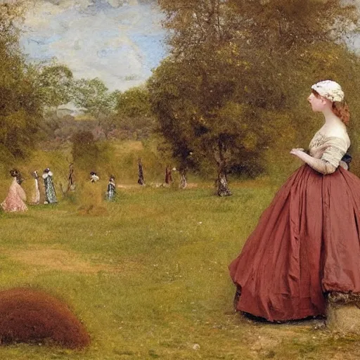 Prompt: young victorian lady in ball gown observing an anthill, painted by alfred stevens