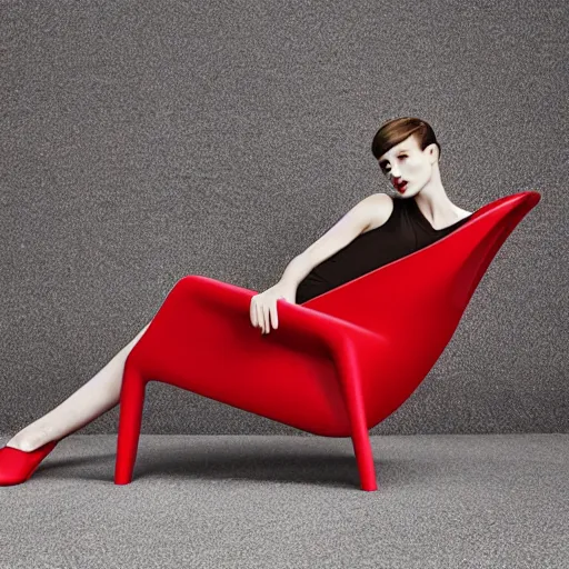 Prompt: fashion model on red chair, official jil sander editorial