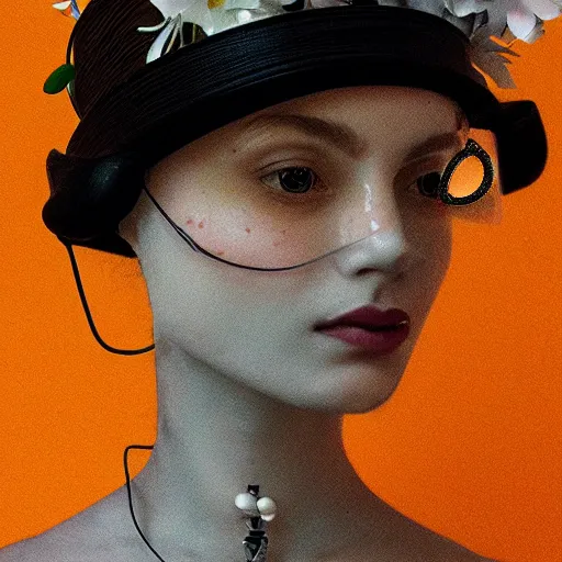 Prompt: a beautiful Futuristic portrait with hat made by wires and white flowers twisted around her face ,necklace made by wires ,design by Leonardo DaVinci , inspired by egon schiele ,modern art,baroque art jewelry , new classic,hyper realistic,cinematic composition,cinematic lighting,fashion design, concept art, hdri, 4k -