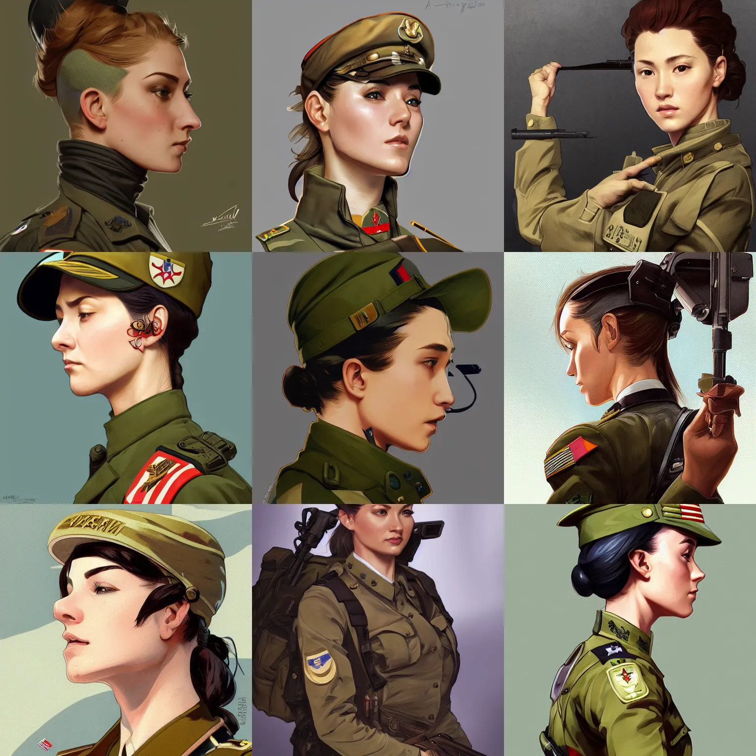 Prompt: veteran female soldier wearing military uniform,. side-view, highly detailed, digital painting, artstation, concept art, smooth, sharp focus, illustration, art by artgerm and alphonse mucha, high definition digital art, in the style of Ross tran and ilya kuvshinov