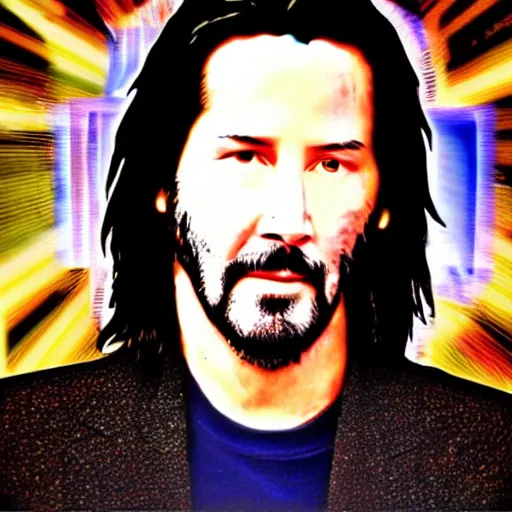 Image similar to mosaic style icon of keanu reeves. light rays. bokeh