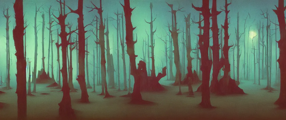 Image similar to an aerochrome forest below the stars Edward Hopper and James Gilleard, Zdzislaw Beksinski, Mark Ryden, Wolfgang Lettl highly detailed