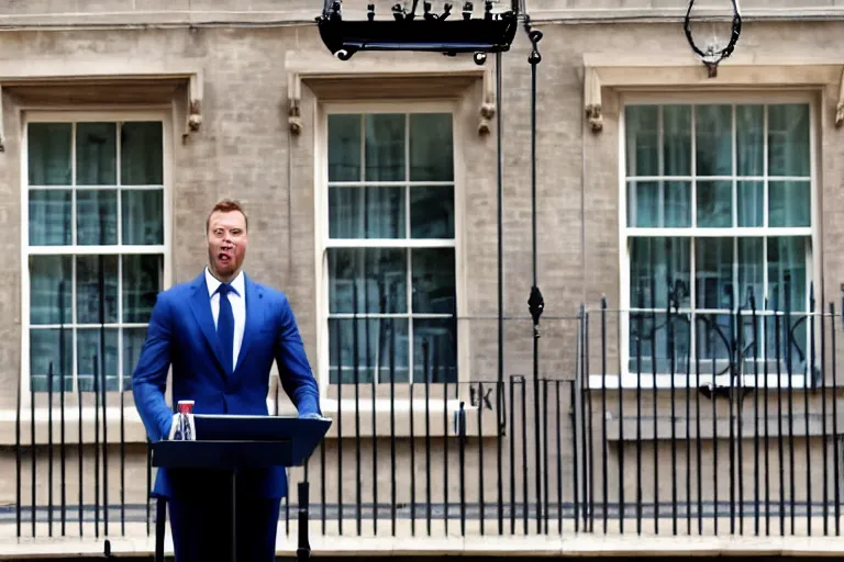 Prompt: giga chad in a suit giving a speech as prime minister, photorealistic, 8 k, 1 0 downing street background