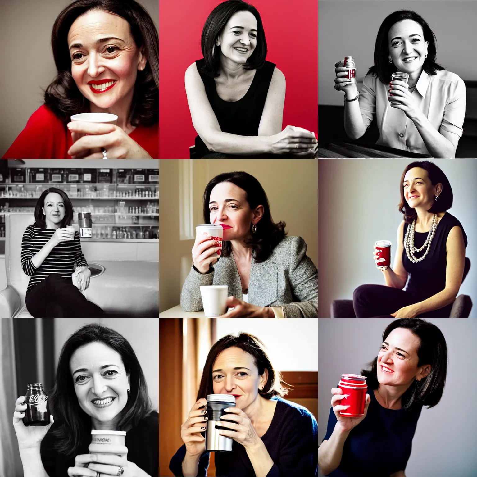 Prompt: Photo of Sheryl Sandberg drinking Diet Coke, photo by Anne Liebovitz, 24mm f/1.4