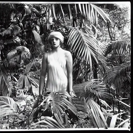 Image similar to a rizom lost film footage of a 3 d shape in the middle of the tropical jungle / shape / shape / tropicalism / tropicalism / film still / cinematic / enhanced / 1 9 2 0 s / black and white / grain