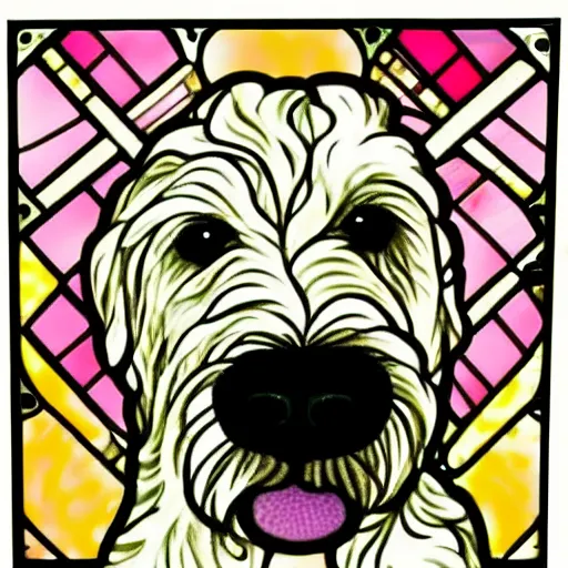 Prompt: cute golden doodle face in the style of a stained glass window