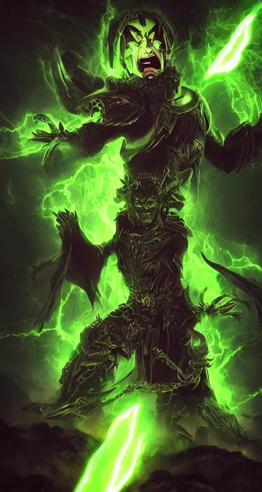 Image similar to illustration of dark priest holding green lightning, black halo, evil, power, green mist, scary, photorealistic, unreal engine, hellish background , Mtg , Dnd ,