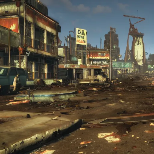 Prompt: Sydney in ruins post-nuclear war in Fallout 4, in game screenshot