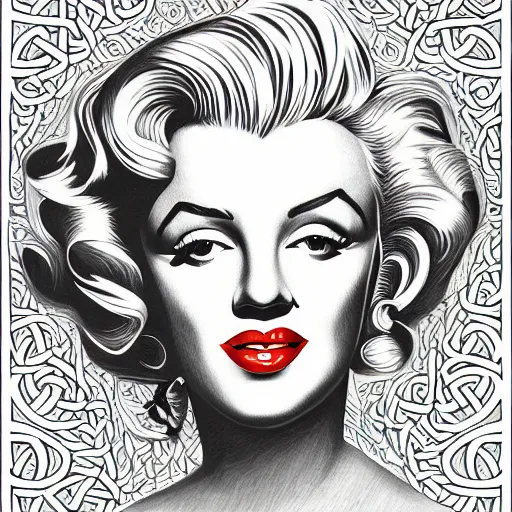 Image similar to an intricate portrait of marilyn monroe by mc escher, line art, celtic, illustration