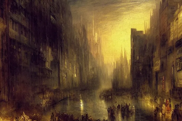 Prompt: cyberpunk post-apocalyptic city landscape with hooded figure painted by William Turner 1860