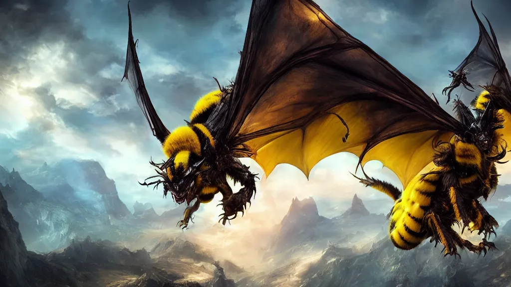 Prompt: giant bumblebee dragon, fantasy artwork, very very very beautiful scenery, hd, hdr, ue5, ue6, unreal engine 5, cinematic 4k wallpaper, 8k, ultra detailed, high resolution, artstation, award winning