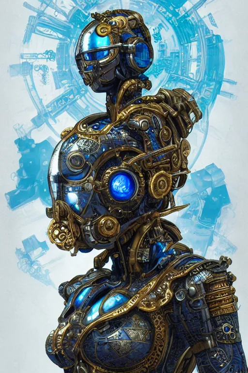 Image similar to Portrait of a steampunk sci-fi cyborg ninja, third person, D&D, sci-fi fantasy, intricate, blue and gold, highly detailed , art by Range Murata, highly detailed, 3d, octane render, bright colors, digital painting, trending on artstation, sharp focus, illustration style of Stanley Artgerm,