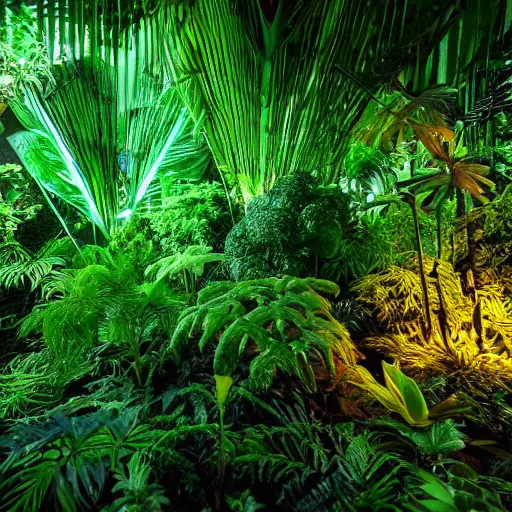 Image similar to « low luminosity jungle, luminescent plants, far view, detailed »