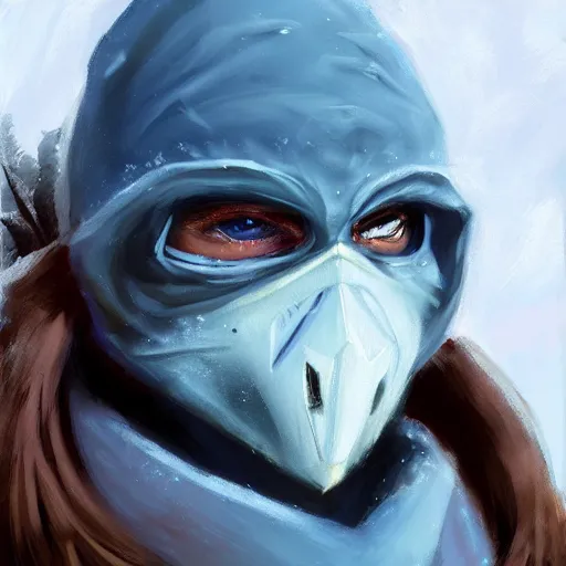 Image similar to fantasy snow bandit ‘ icewind dale ’ with mask, blue palette, snow scene, ‘ icewind dale 2 ’ profile portrait by ‘ justin sweet ’, falling snow, soft focus, illustrated, oil paint