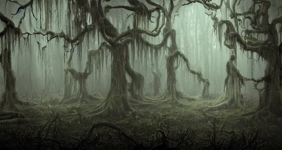 Image similar to A dense and dark enchanted forest with a swamp, by David Eichenberg