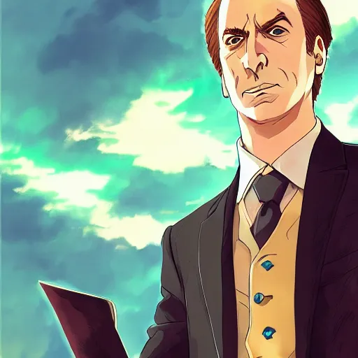 Image similar to portrait of saul goodman the lightning incarnation of lawyer, anime fantasy illustration by tomoyuki yamasaki, kyoto studio, madhouse, ufotable, trending on artstation