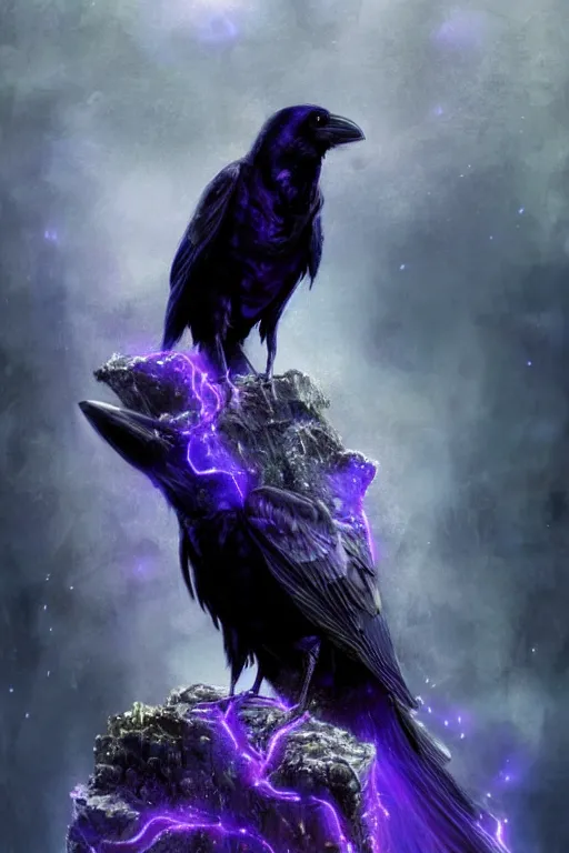 Image similar to portrait of a beautiful one raven perched on purple crystals that are glowing in a misty valley, establishing shot, extremly high detail, foto realistic, cinematic lighting, by yoshitaka amano, ruan jia, kentaro miura, artgerm, post processed, concept art, artstation, raphael lacoste, alex ross