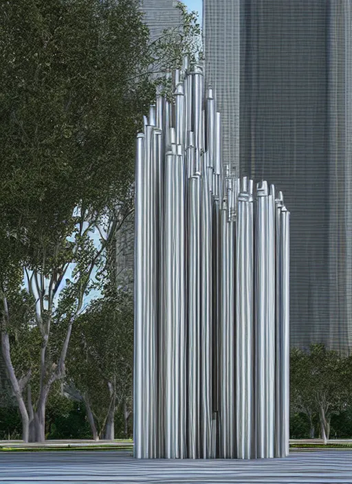 Prompt: highly detailed realistic architecture 3 d render of a futurisctic stele made from silver bars standing in a city park, archdaily, made in unreal engine 4 octane render