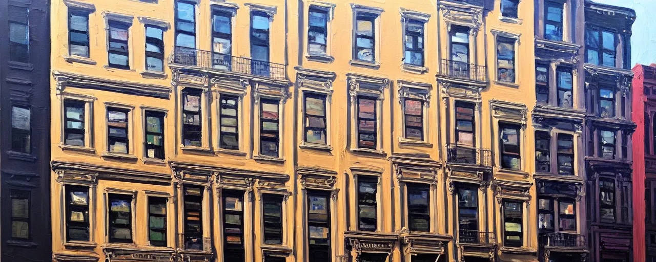 Image similar to stunning painting of a building facade. storefronts. city block. new york. masterpiece.