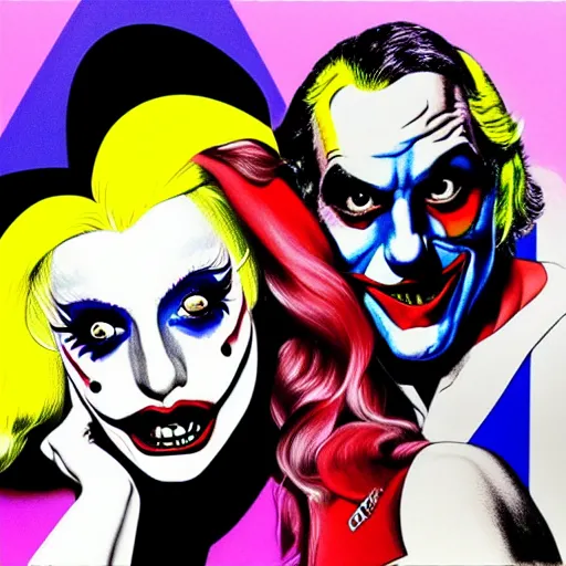 Image similar to richard hamilton and mimmo rottela as lady gaga harley queen and joaquin phoenix joker, pop art, 2 primary color, justify content center, object details, dynamic composition, face and body features, ultra realistic art, smooth, sharp focus, illustration, concept art, intricate details, h 7 6 8