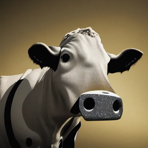 Image similar to a highly detailed ultra realistic photograph of a cow dressed in a fighter jet jumpsuit and mask