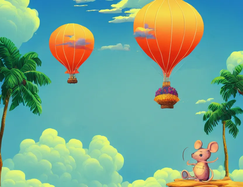 Image similar to adventurer mouse travelling on a vaporwave blimp above tropical landscape. complementary colors, gouache, indie concept art, bloom, chiaroscuro, backlighting, intricate details.