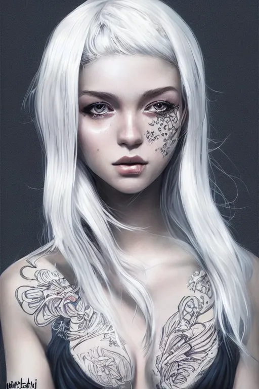 Image similar to teen girl, few speckle skin, tatoo, white hair, gorgeous, amazing, elegant, intricate, highly detailed, digital painting, artstation, concept art, sharp focus, illustration, art by Ross tran and kuvshinov