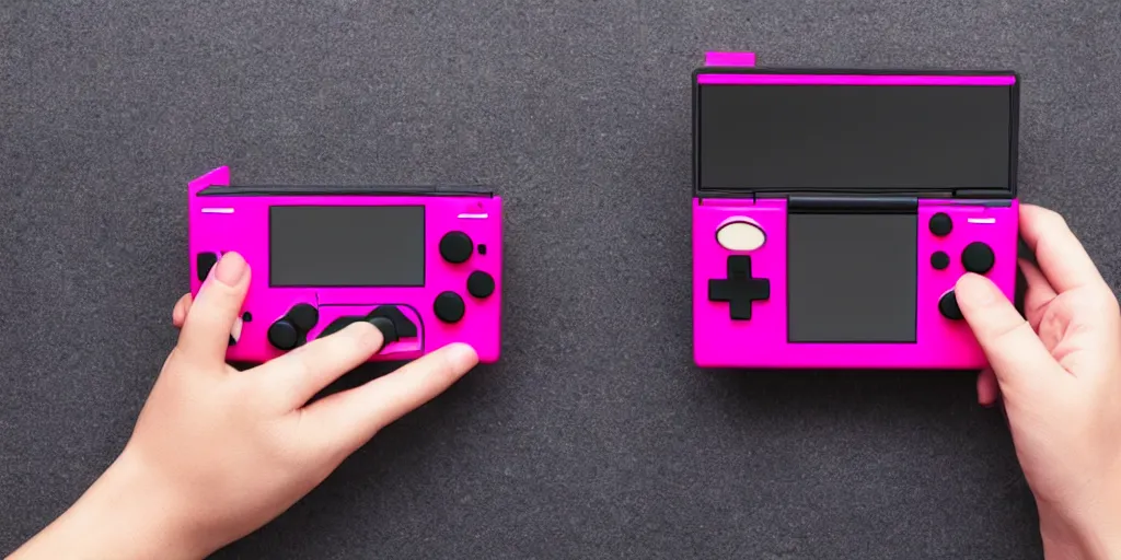 Prompt: handheld game console, hotpink, playing pocket monster game, pixel art