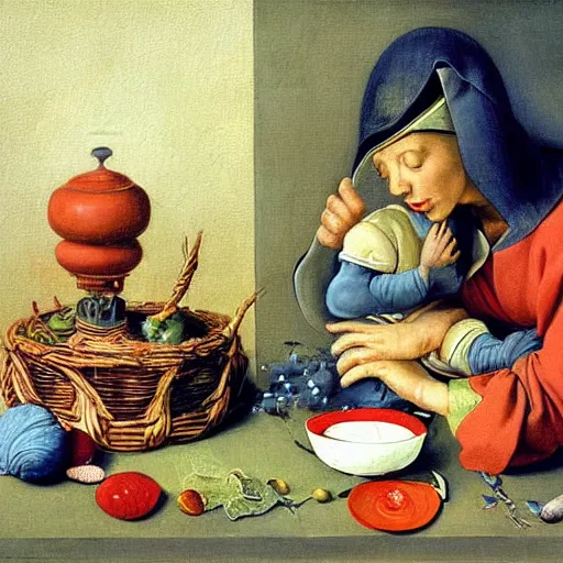 Image similar to A beautiful painting harmony of colors, simple but powerful composition. A scene of peaceful domesticity, with a mother and child in the center, surrounded by a few simple objects. Colors are muted and calming, serenity and calm. expressionism, cyber noir by Jan van Kessel the Elder, by Joe Jusko, by Giuseppe Arcimboldo
