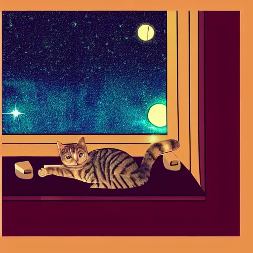 Prompt: “digital art cat sleeping under a window in a spaceship bedroom, solar flare”