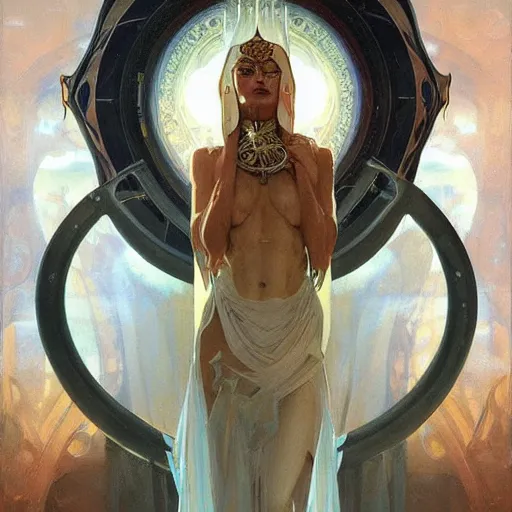 Prompt: an acrylic on canvas portrait painting of a beautiful alien priestess by Greg Rutkowski, Artgerm and Alphonse Mucha. Epic fantasy art.