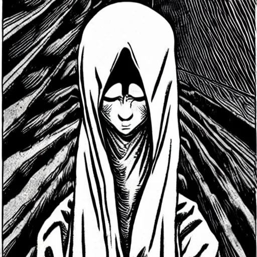 Image similar to hooded man, junji ito,