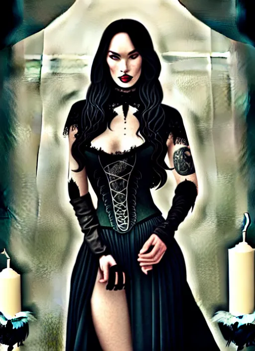 Image similar to megan fox witch queen, black eyes, blood, full body, intricate victorian dress, middle shot, cinematic lighting, studio quality, symmetrical eyes, caravaggio, artgerm, joshua middleton, rafael albuquerque, moody lighting, candles