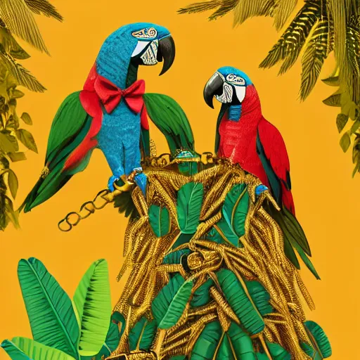 Image similar to parrots dressed in golden rings, necklaces and with caps on head, rapping and sitting on golden trees, rap scene, jungle concept art, trending on artstation, highly detailed, digital art, 8 k