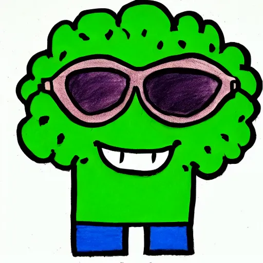 Prompt: a 2 d drawing of a cartoon broccoli wearing sunglasses
