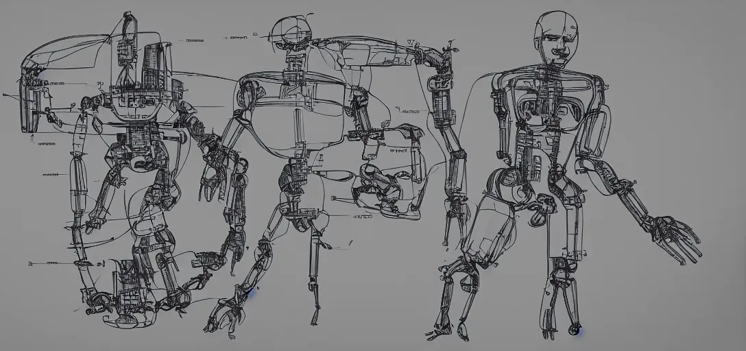 Prompt: ultra realistic technical drawing of the disassembly of a futuristic humanoid robot, sci-fi dystopian, chinese style painting