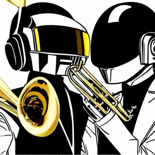 Image similar to Daft Punk playing trumpet, anime