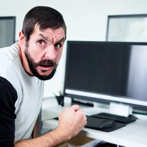 Image similar to A photo of a scared man in front of a computer, realistic, stock photo