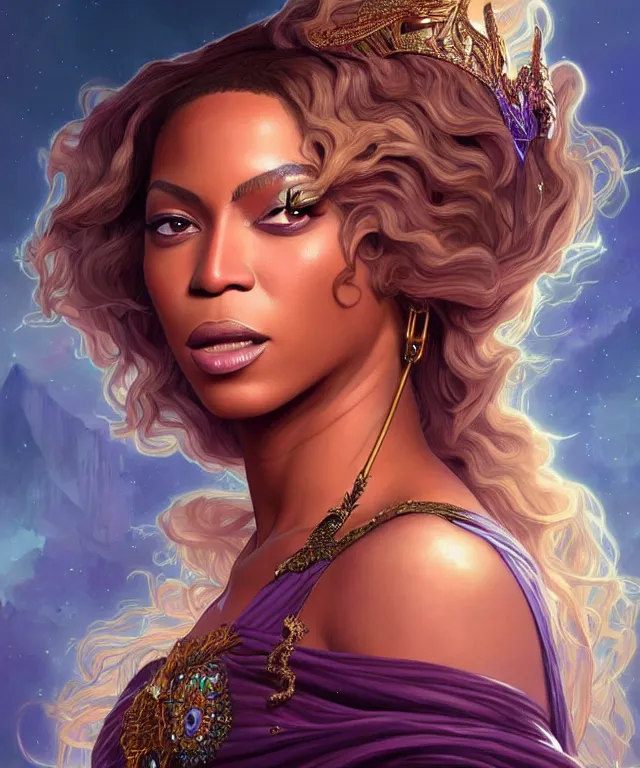 Image similar to Beyoncé as a fantasy magic woman portrait, sci-fi, amber eyes, face, long hair, fantasy, intricate, elegant, highly detailed, digital painting, artstation, concept art, smooth, sharp focus, illustration, art by artgerm and greg rutkowski and alphonse mucha