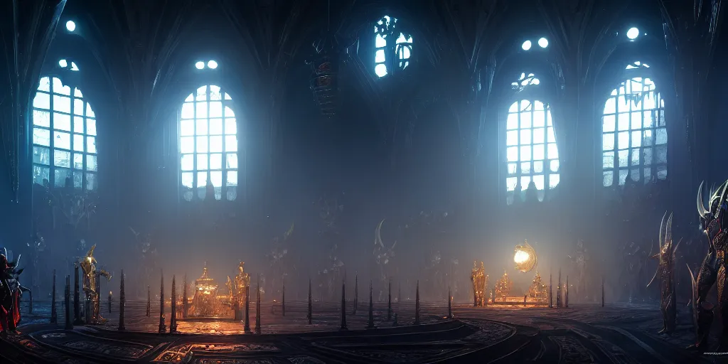 Image similar to Dark majestic ornate great hall, mortal kombat arena, moonlight rays, Darek Zabrocki, Karlkka, trending on Artstation, 8K