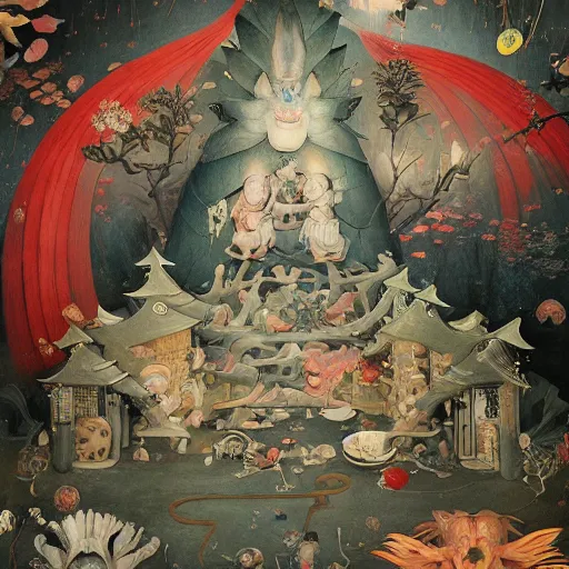 Image similar to Japanese Temple by Hieronymus Bosch and James Jean, Ross Tran, very coherent, hypermaximalist, 8k, surreal oil painting, highly detailed, dream like, masterpiece