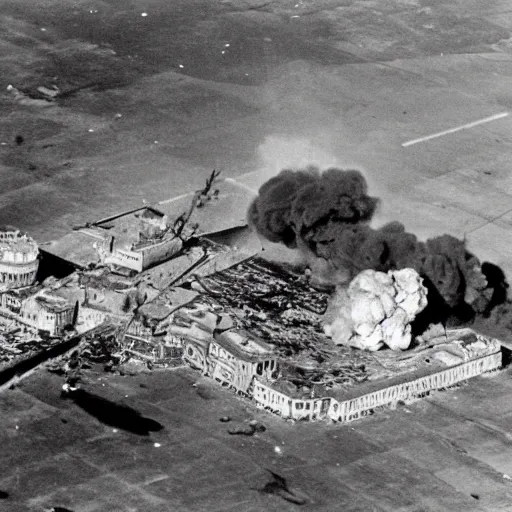 Image similar to an aerial photo of bombed italy, with bomb falling down, explosion, ruins, fire,